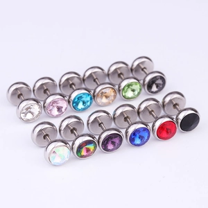 Set of 12 pairs stainless steel dumbbell stud earrings with colorful round crystals