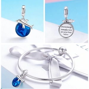S925 silver airplane globe charm with engraved quote and blue enamel detail
