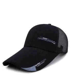 Detail of black sports mesh cap showing breathable side panels and decorative typography