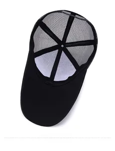 Detail view of the black breathable mesh hat interior with reinforced sewing and white lining