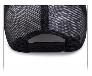 Detail of adjustable snapback closure and breathable mesh fabric on black baseball cap