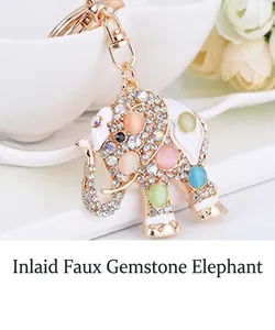 Detail of elephant keychain with sparkling white crystals and colorful gemstones