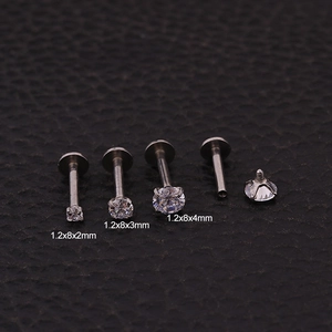 Detailed internal thread view of 16g steel labret studs with various zircon sizes