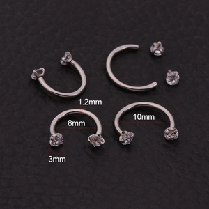 16G horseshoe piercing ring in silver stainless steel with sparkling round cubic zirconia