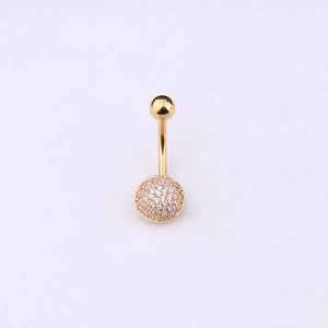 Detailed view of 316L stainless steel belly ring with micro-paved crystal zircon sphere