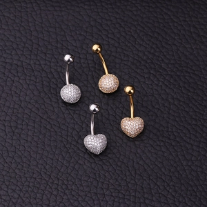 Set of 4 stainless steel navel rings in heart and round shapes with cubic zirconia stones