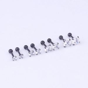 Surgical steel stud earrings set with round clear cubic zirconia in five sizes