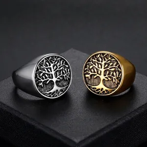 Vintage Tree of Life signet rings in silver and gold stainless steel finish