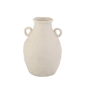 Modern off-white ceramic vase with dual round handles and natural irregular texture details
