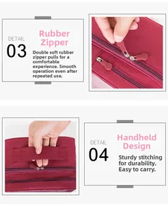 Detail of durable rubber zippers and reinforced handle on burgundy travel shoe bag