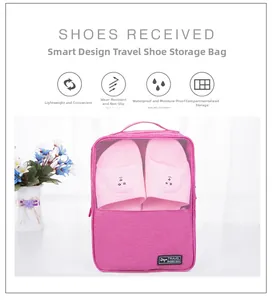 Pink waterproof travel shoe bag with mesh window and handle showing slippers storage