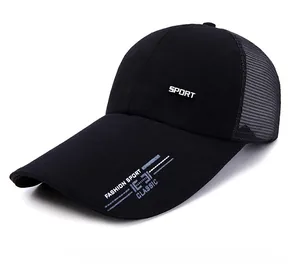 Detail of black sports baseball cap showing breathable mesh panels and long sun visor
