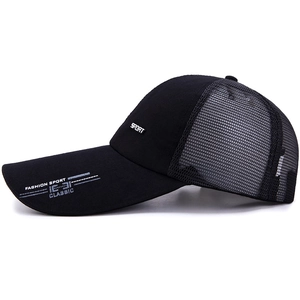 Black sport baseball cap with extended brim and breathable mesh back for sun protection