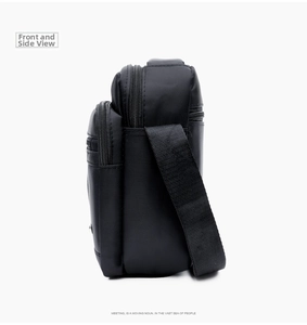 Close-up of waterproof Oxford fabric messenger bag with multiple zipper compartments