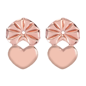 Detailed view of heart-shaped rose gold earring lifters with a polished metallic finish