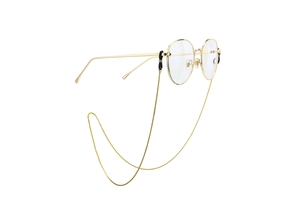 Detail of gold retro glasses frame with matching metal chain on white background