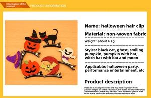 Detail view of Halloween hair clips featuring glittery ghost and black cat felt patterns
