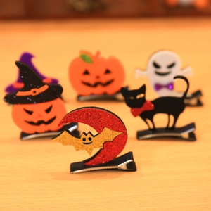 Halloween cartoon hair clips set with pumpkin, black cat, and ghost festive designs