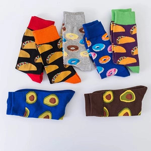 Colorful cotton blend mid-calf socks with creative taco, donut and avocado patterns