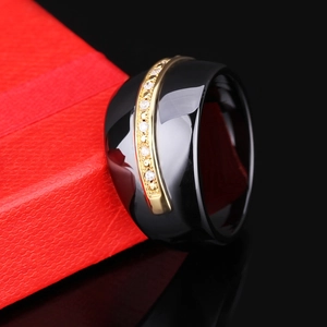 14mm black ceramic ring with gold band and sparkling zircon stones for couples