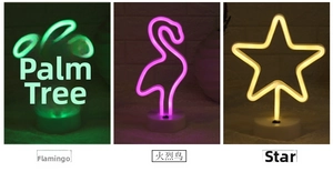 LED neon lights in Palm Tree, Flamingo, and Star shapes with stable circular bases