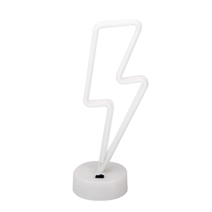 Minimalist white lightning bolt LED neon lamp with black switch round base on plain background