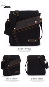 Detailed views of black canvas messenger bag featuring brown leather trim and orange stitching