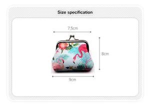 Size details of flamingo coin purse with 9cm bottom width and metal clasp closure