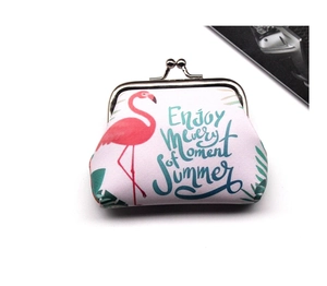 Close-up of flamingo print coin purse with metal clasp and Summer quote detail
