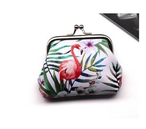 Detail of flamingo print coin purse with vintage metal clasp and tropical leaves pattern