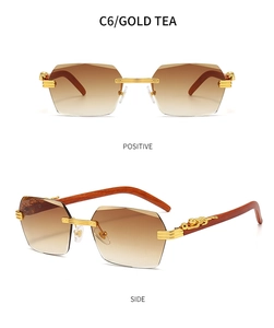 Detail of rimless sunglasses with leopard metal hinge and luxury wood grain temples