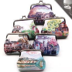 Set of retro coin purses with vintage Chinese landscape watercolor prints and metal clasps