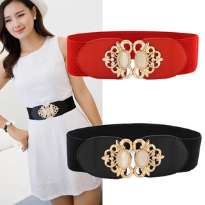 Elastic wide belt with gold buckle and double opal stones for women dresses