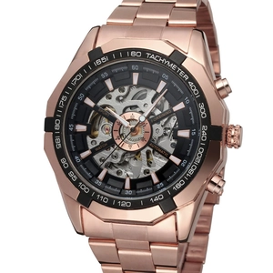Macro view of rose gold automatic skeleton watch dial showing mechanical movement gears