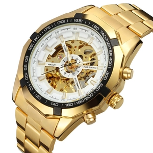 Macro detail of Forsining automatic gold watch with skeleton dial and metal texture