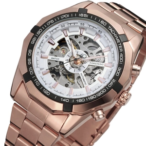 Close-up of rose gold automatic skeleton watch with tachymeter and FORSINING branding
