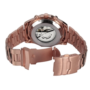 Detailed view of the rose gold mechanical watch exhibition case back and folding clasp