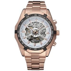 Detailed macro shot of the rose gold skeleton automatic mechanical men's watch face