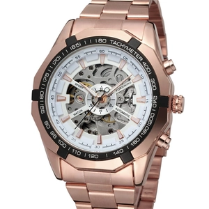 Detail of rose gold automatic skeleton watch with tachymeter bezel and steel bracelet