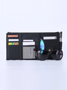 Car sun visor organizer with card slots, sunglasses clip and large mesh pocket in black PU leather