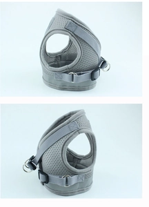 Close-up of the grey breathable mesh pet harness featuring double D-rings and velcro straps