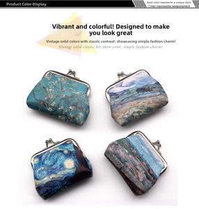 Detail of vintage canvas coin purses featuring Van Gogh oil painting prints and metal clasps