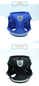 Detail view of royal blue and black breathable mesh dog harnesses with reflective straps