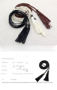 Detail view of woven PU waist belts with tassels in black, white, and brown with dimensions