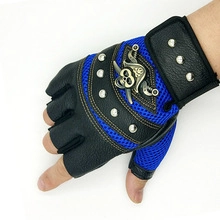 Detail of blue mesh tactical half-finger gloves with skull studs and velcro straps