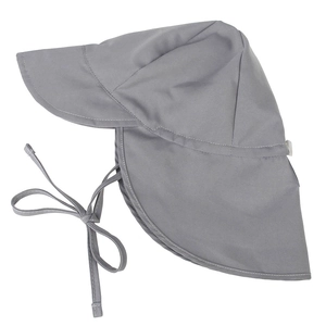 Detail of grey kids sun hat with neck flap and breathable mesh fabric for UV protection