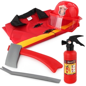 Kids firefighter role play set with red costume helmet water gun and rescue tools