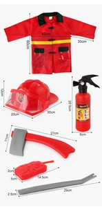 Detailed size chart for children's firefighter costume and water squirt gun toy set