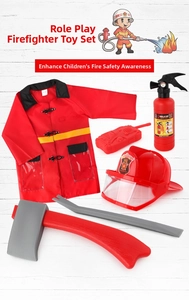 Flat lay of kids firefighter role play set with jacket, helmet and rescue tools