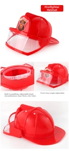 Close-up of kids fire helmet with adjustable visor and inner head size strap system